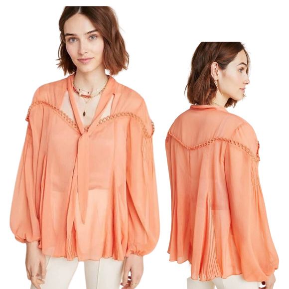Anthropologie Wheatley Coral Peach Peasant Boho Top Ranna Gill Rare NWT Sz Med